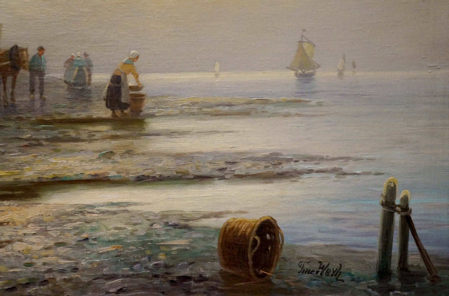 Oil painting of overturned woven basket on Coastal Market Weyh T wet shoreline