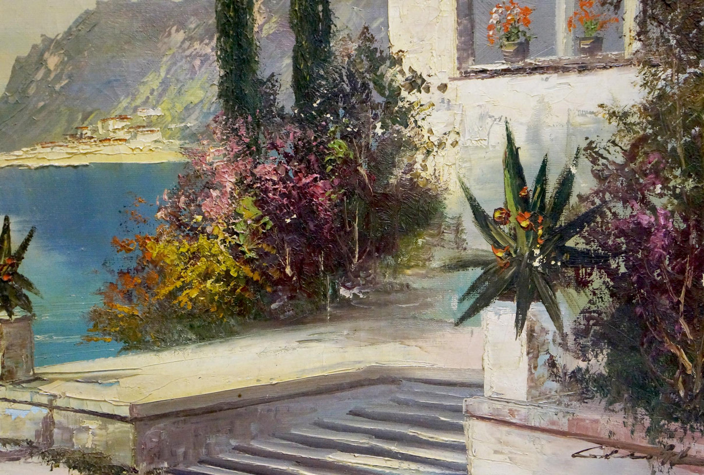 Oil painting At the resort: vibrant coastal scene with greenery, flowers, sea