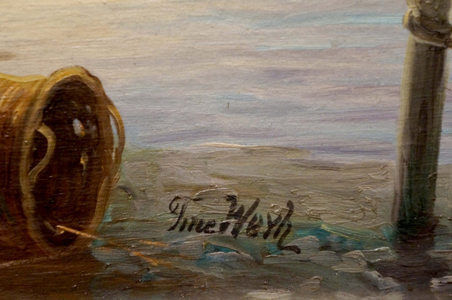 Oil painting of weathered golden-brown woven basket on sandy shore, Coastal Market Weyh T