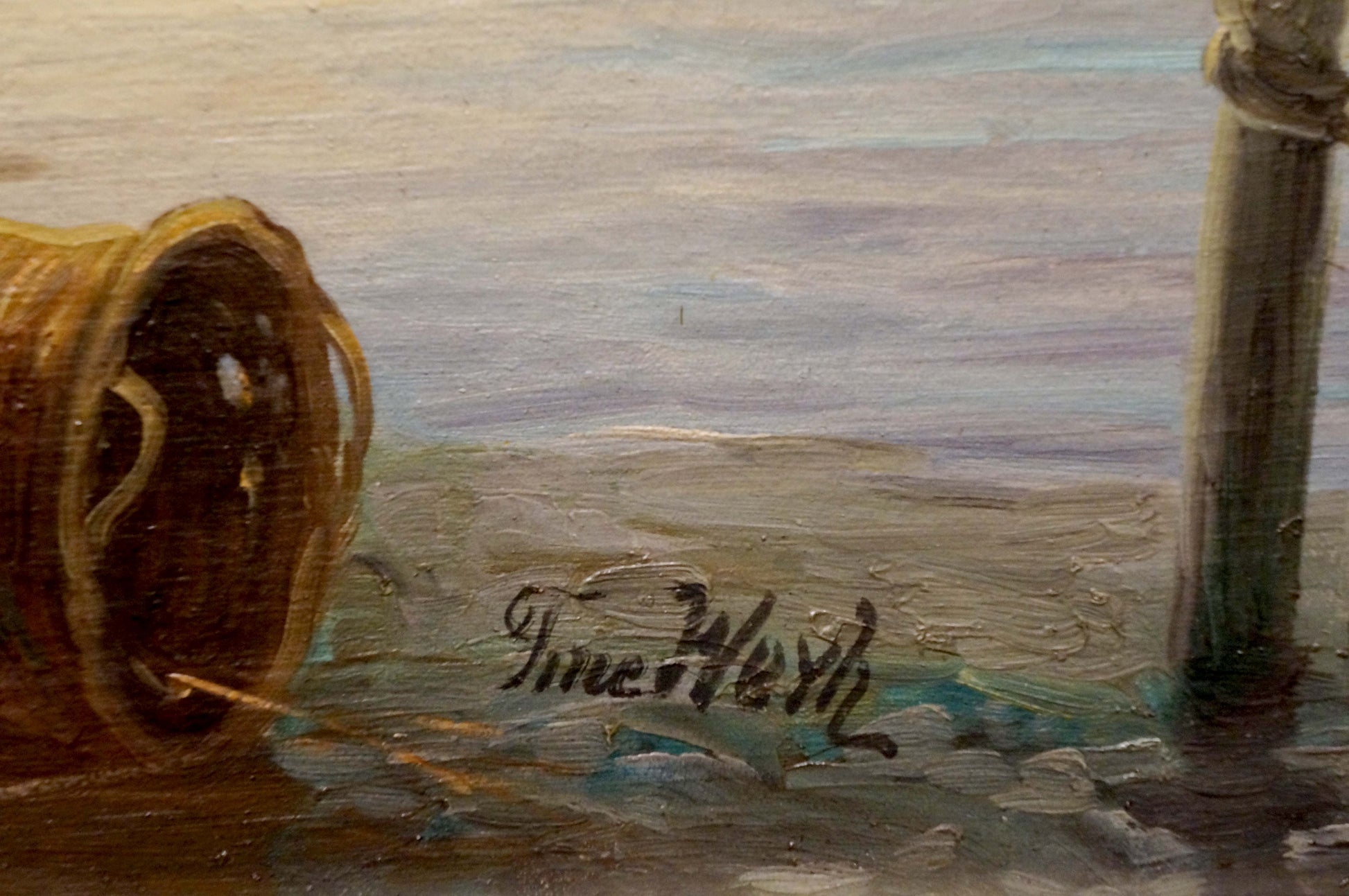 Oil painting of weathered golden-brown woven basket on sandy shore, Coastal Market Weyh T