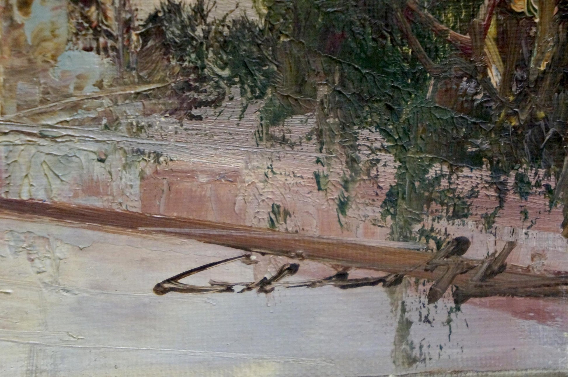 Oil painting At the resort: weathered wooden railing in earthy tones