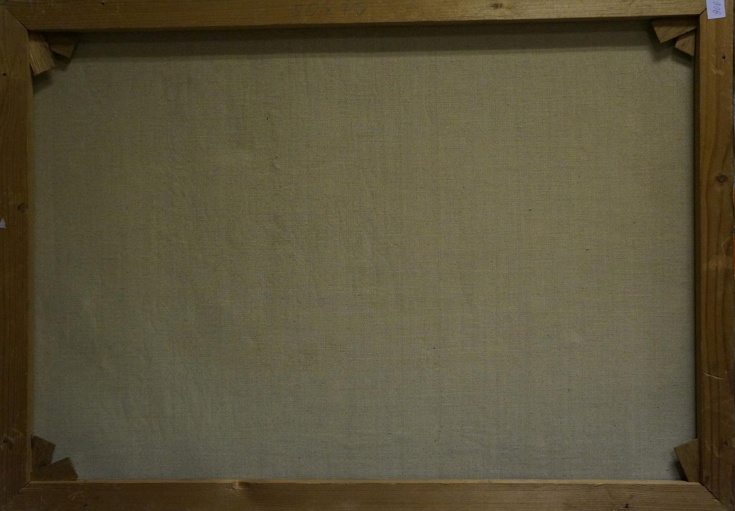 Back of Oil painting At the resort canvas with beige linen and wooden frame brackets
