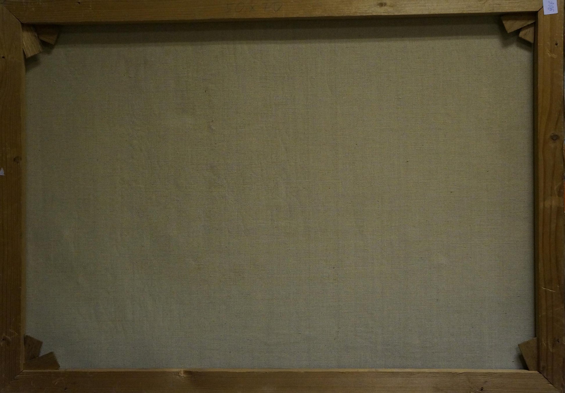 Back of Oil painting At the resort canvas with beige linen and wooden frame brackets