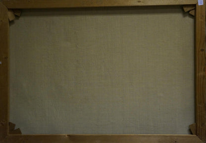 Back of Oil painting At the resort canvas with beige linen and wooden frame brackets