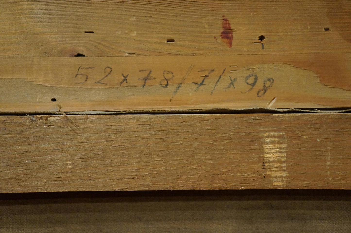 Back of Oil painting Coastal Market Weyh T with etched 52 x 78 / 71 x 98 measurements on wood