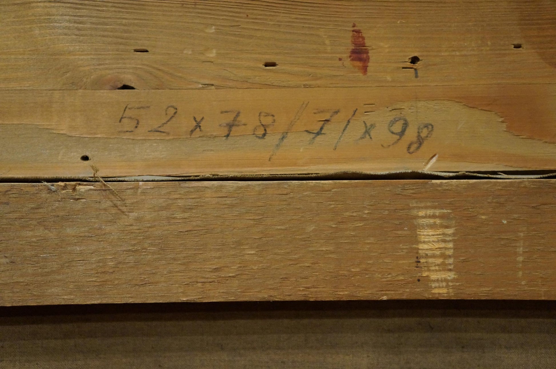 Back of Oil painting Coastal Market Weyh T with etched 52 x 78 / 71 x 98 measurements on wood