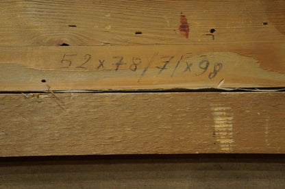 Back of Oil painting Coastal Market Weyh T with etched 52 x 78 / 71 x 98 measurements on wood