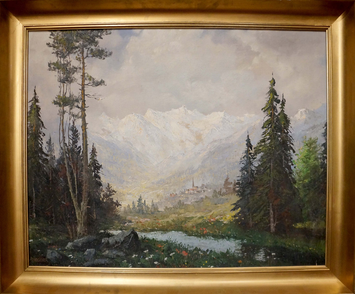 Framed Oil painting Mountain landscape by Ad. Wegener with snowy peaks
