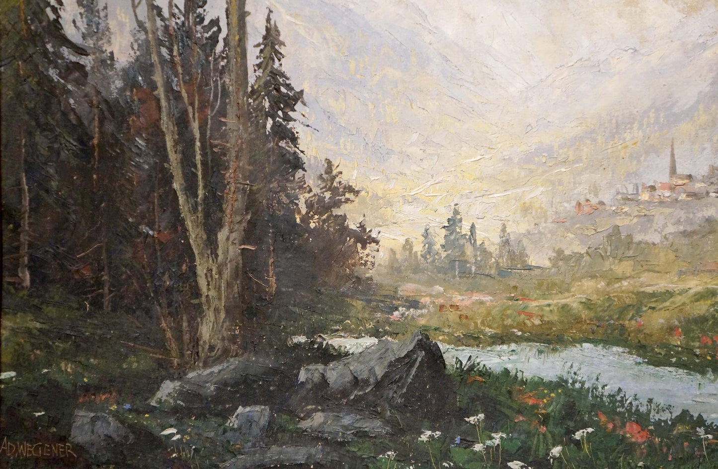 Serene misty mountain valley oil painting by Ad. Wegener
