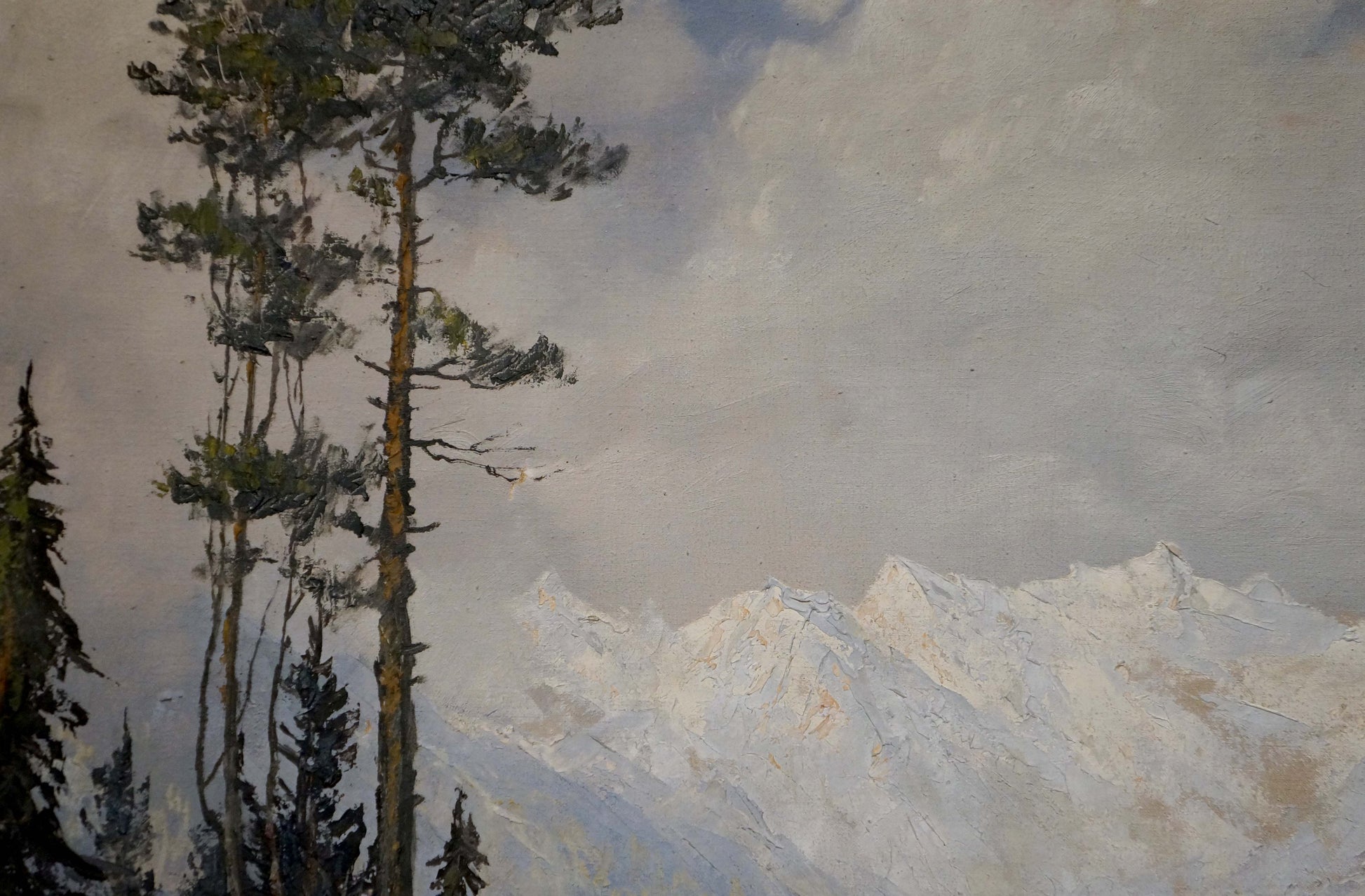 Oil painting by Ad. Wegener: snow-capped mountains and pine trees