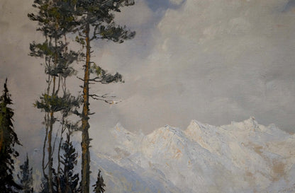 Oil painting by Ad. Wegener: snow-capped mountains and pine trees
