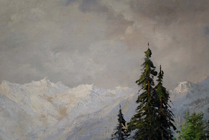 Oil painting by Ad. Wegener: tall pine tree and snow-capped mountains