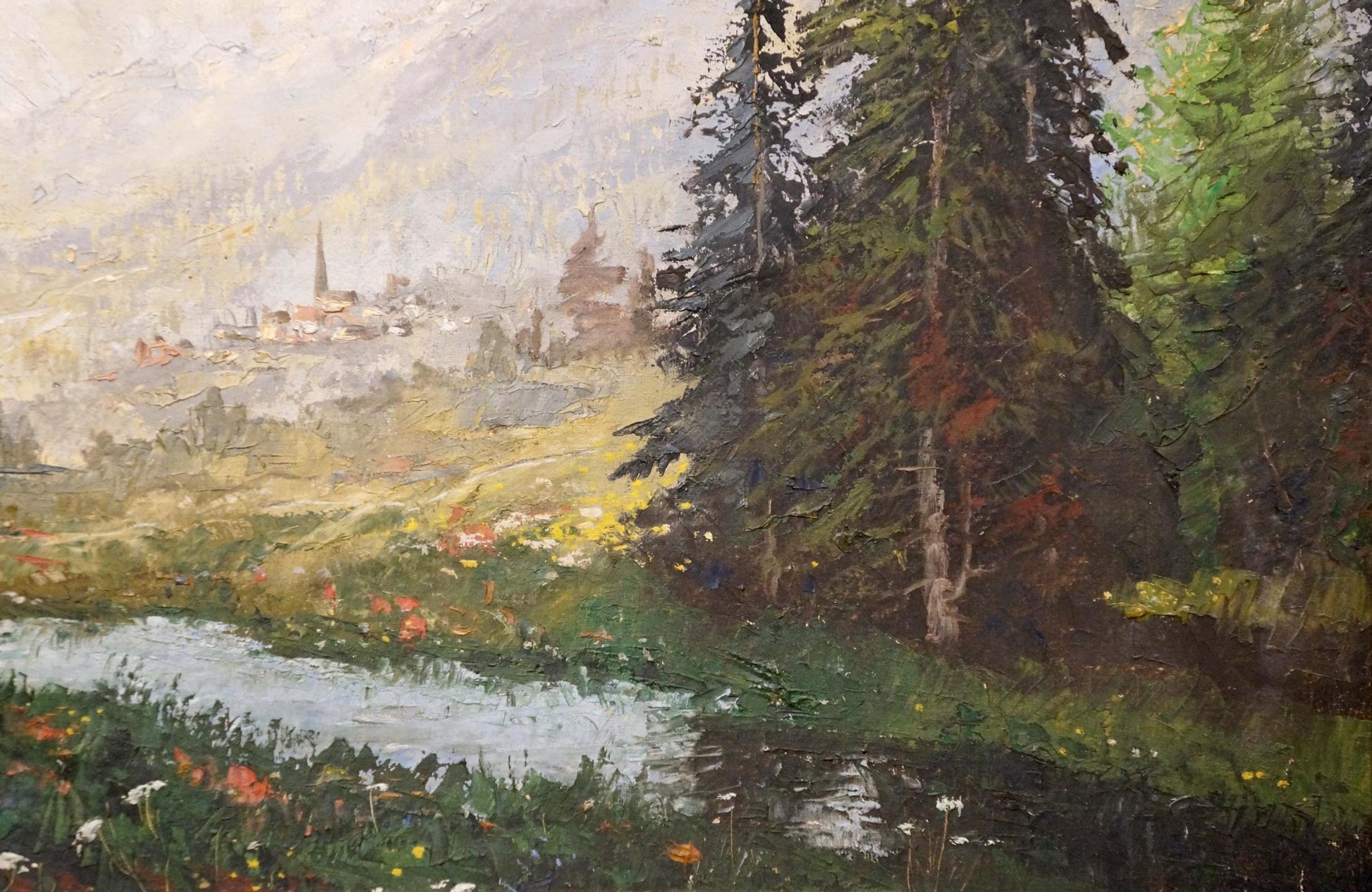Oil painting by Ad. Wegener: serene mountain landscape with trees and stream