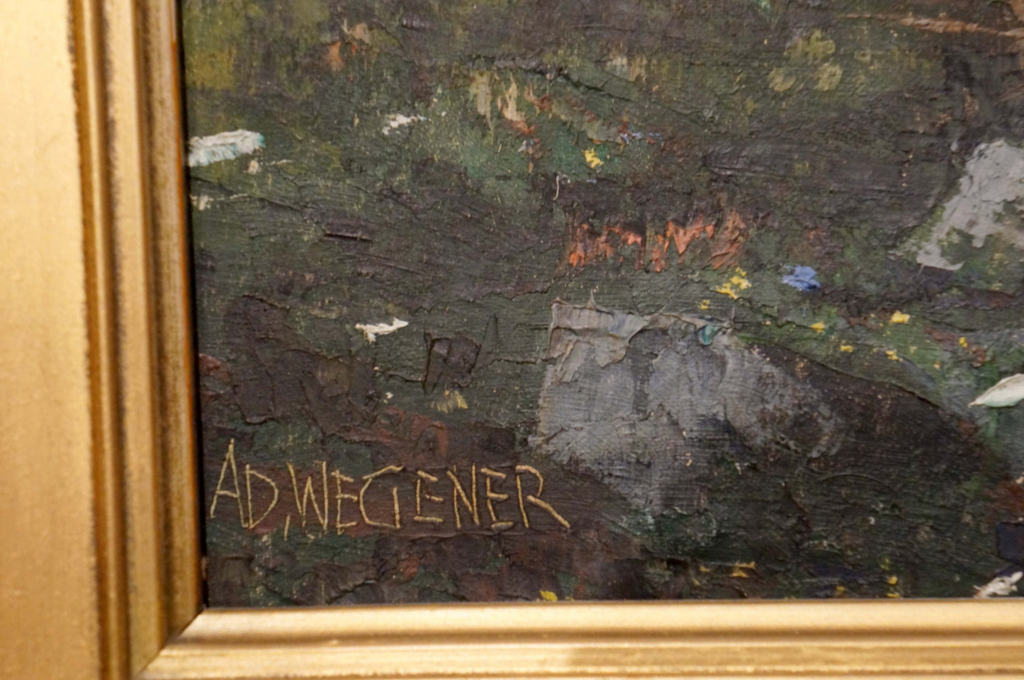 Textured dark green brown oil painting Mountain landscape by Ad. Wegener
