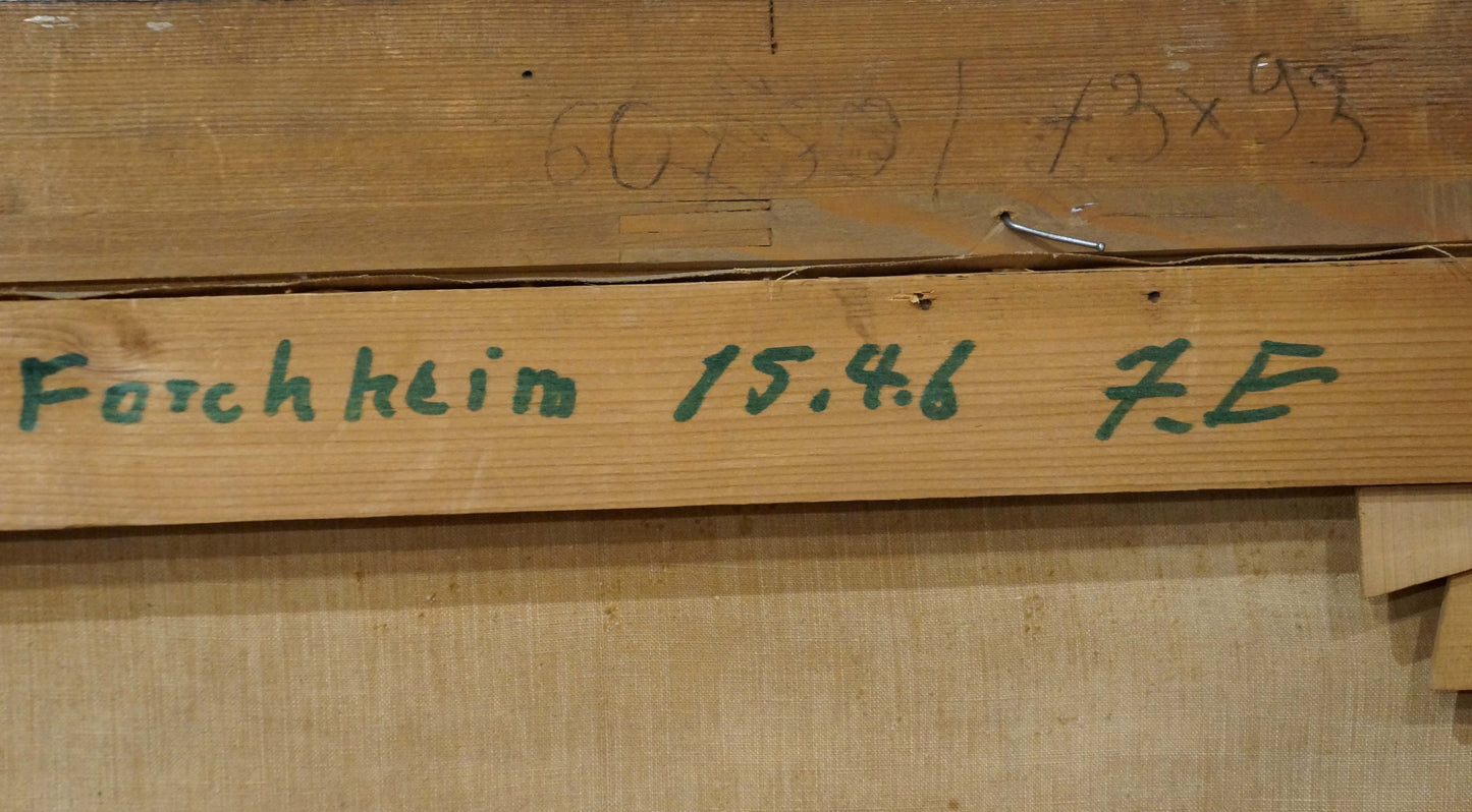 Back of green wooden stretcher bar inscribed on Ad. Wegener mountain landscape oil painting