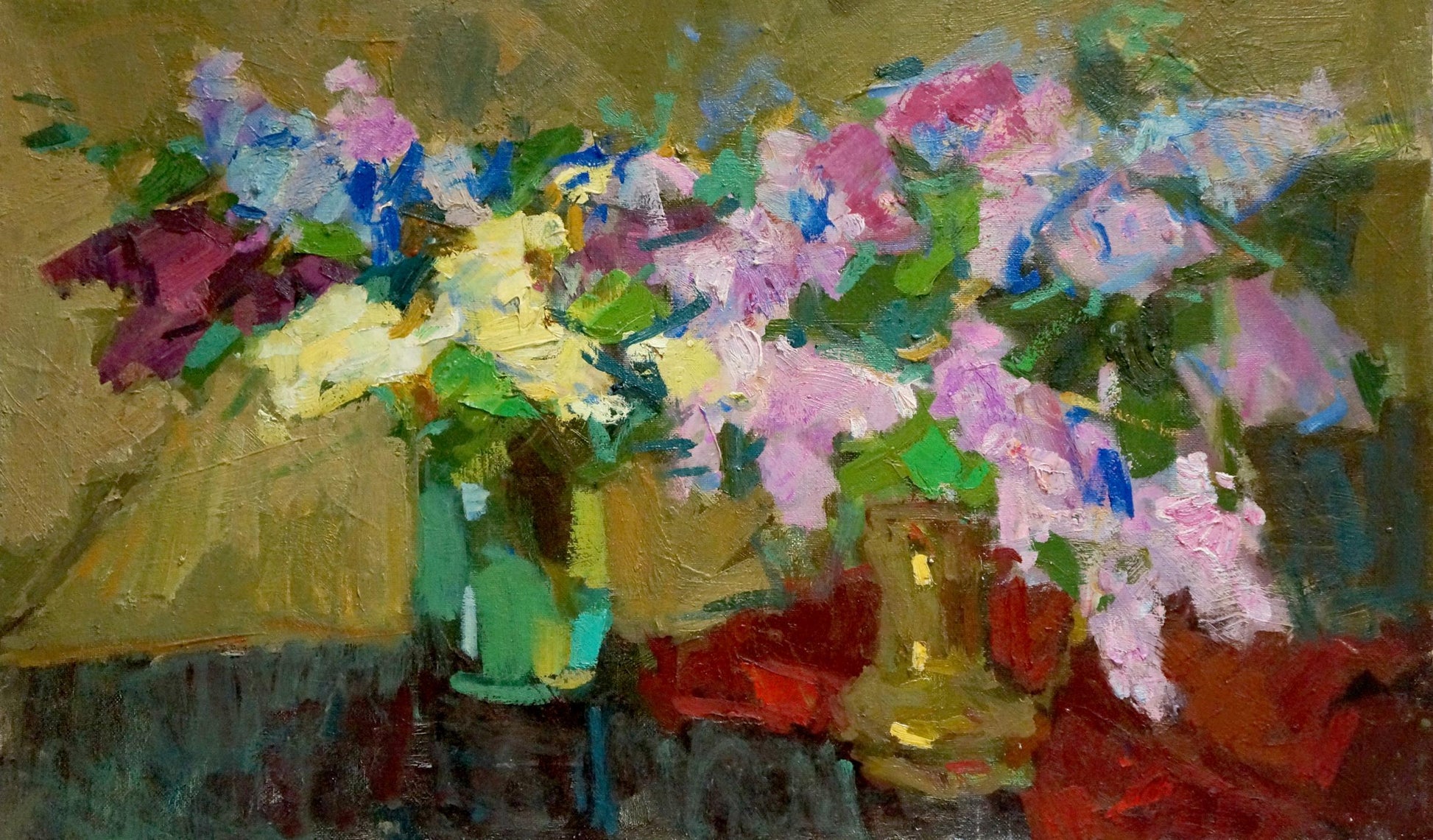 Oil painting Lilac Joy on the Table with vibrant pink purple white blossoms