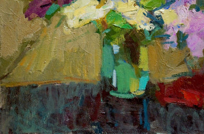 Oil painting Lilac Joy: vibrant green vase with colorful bouquet on table