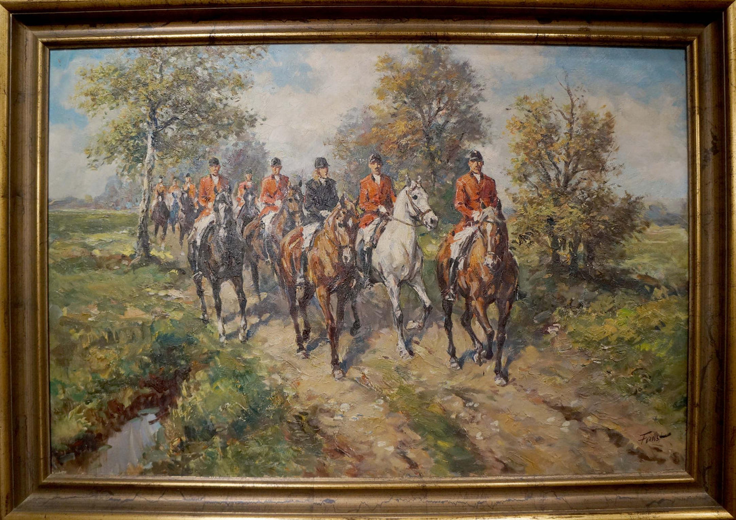 Framed oil painting of Faust soldiers on horseback in pastoral landscape
