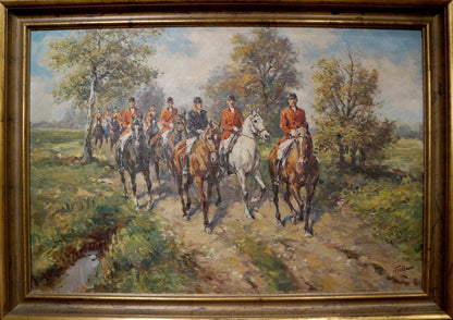 Framed oil painting of Faust soldiers on horseback in pastoral landscape