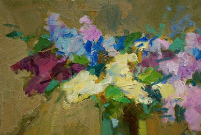 Vibrant impressionistic oil painting Lilac Joy on the Table with purple blue yellow flowers