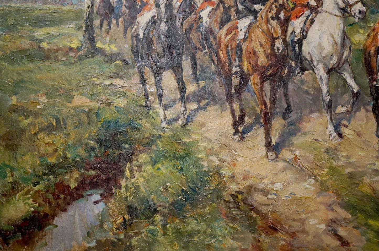Dynamic oil painting of Faust soldiers on road with galloping horses