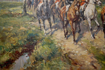 Dynamic oil painting of Faust soldiers on road with galloping horses