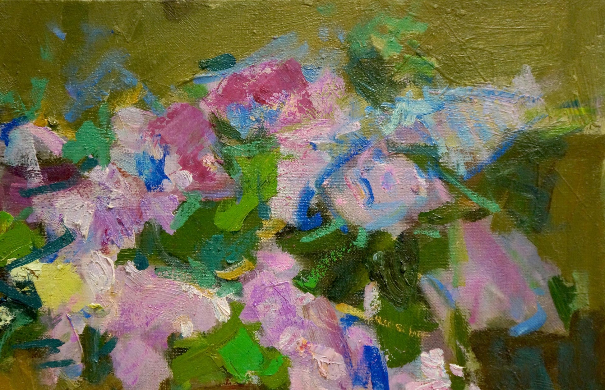 Vibrant impressionist oil painting Lilac Joy on the Table with pink purple flowers