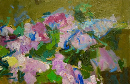 Vibrant impressionist oil painting Lilac Joy on the Table with pink purple flowers