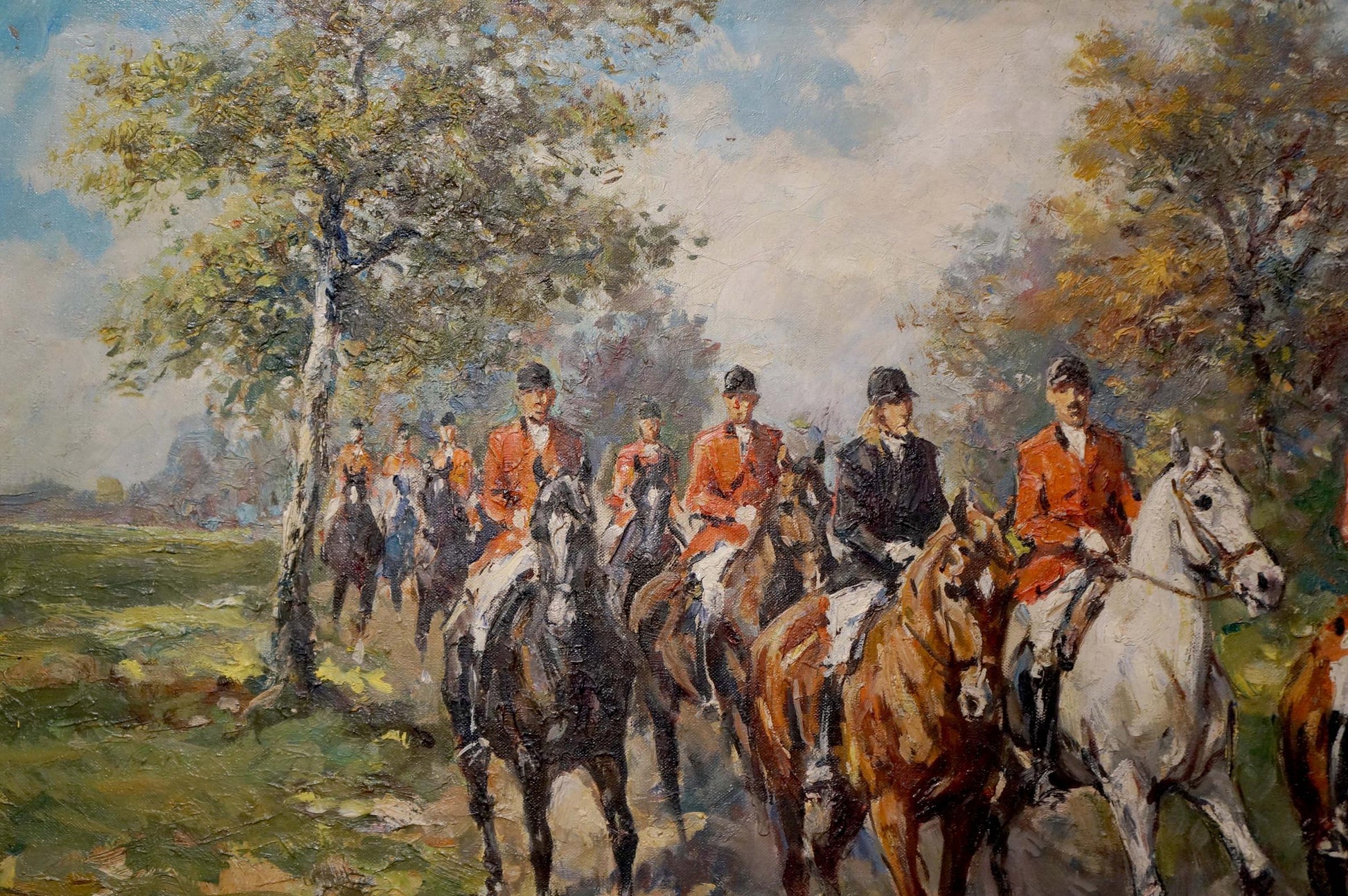Oil painting of Faust soldiers on road in red hunting jackets on horses