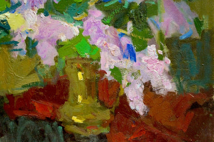 Vibrant impressionistic oil painting Lilac Joy on the Table with yellowish-green vase and flowers