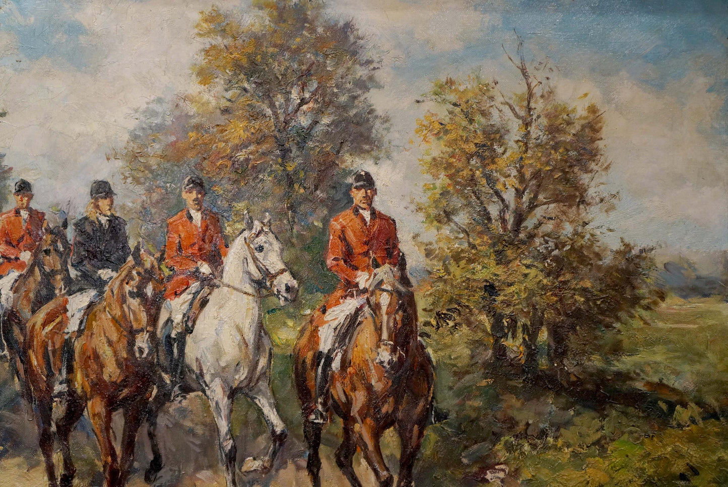 Oil painting of Faust soldiers on road, four riders in red hunting coat