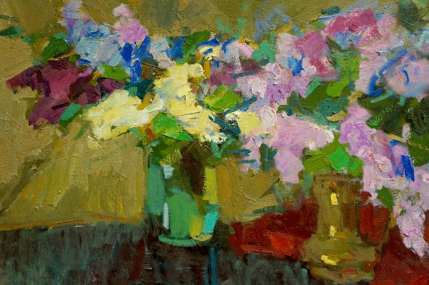 Vibrant impressionist oil painting of lilac bouquet in colorful textured vases on table
