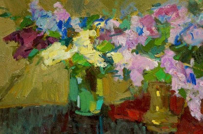 Vibrant impressionist oil painting of lilac bouquet in colorful textured vases on table