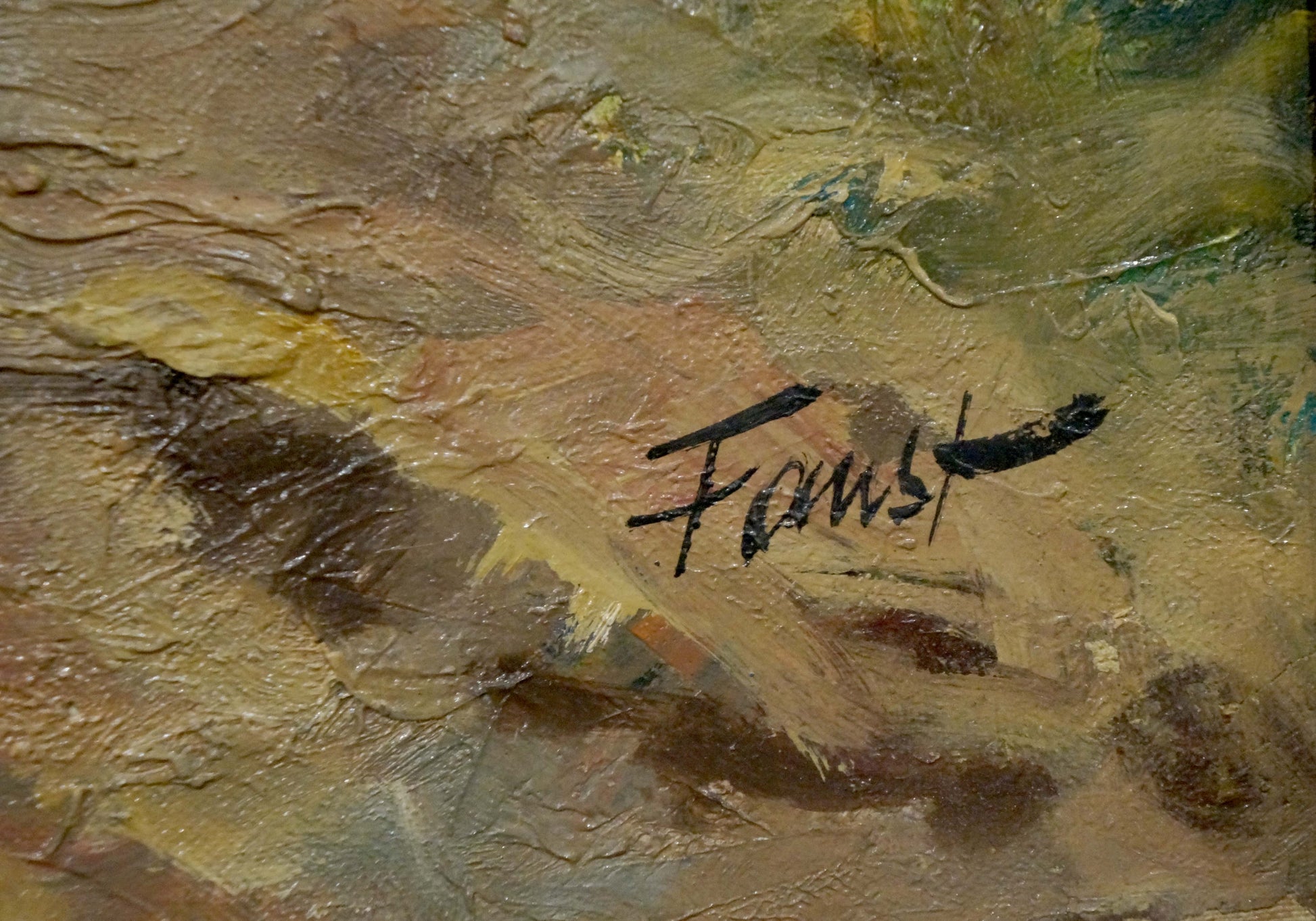 Impasto oil painting of soldiers on Faust road in earthy brown yellow tones