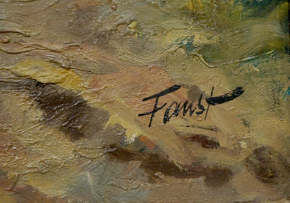 Impasto oil painting of soldiers on Faust road in earthy brown yellow tones