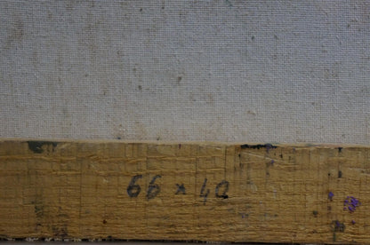 Back of Oil painting Lilac joy on the table: weathered stretcher bar with faded 66 x 42 inch markings