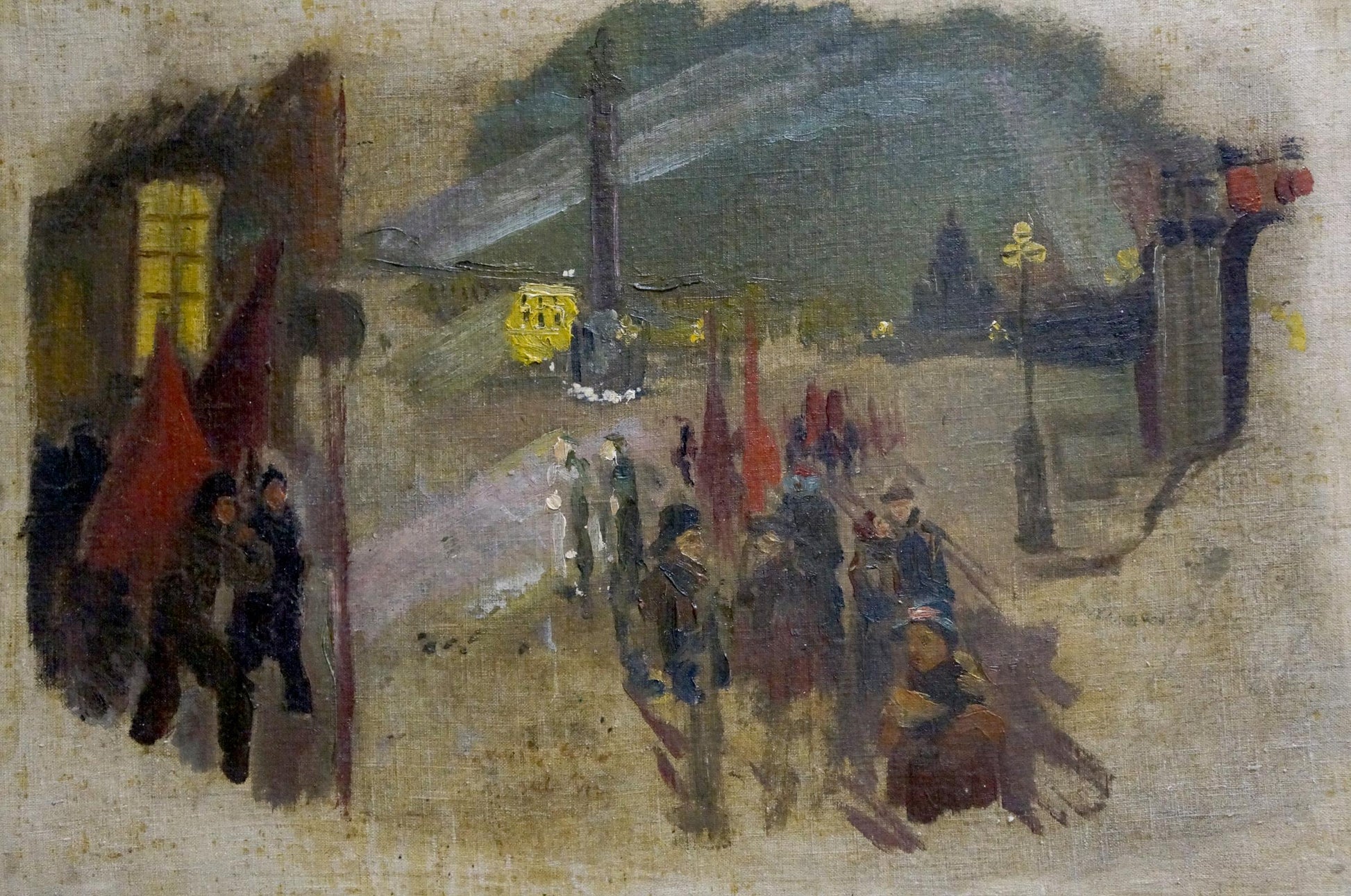 Impressionistic Oil painting On the Road: procession with red flags under overcast sky