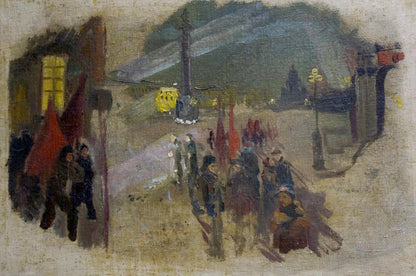 Impressionistic Oil painting On the Road: procession with red flags under overcast sky