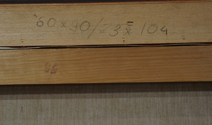Back of Faust oil painting Soldiers on the road in light brown wooden frame with handwritten measurements