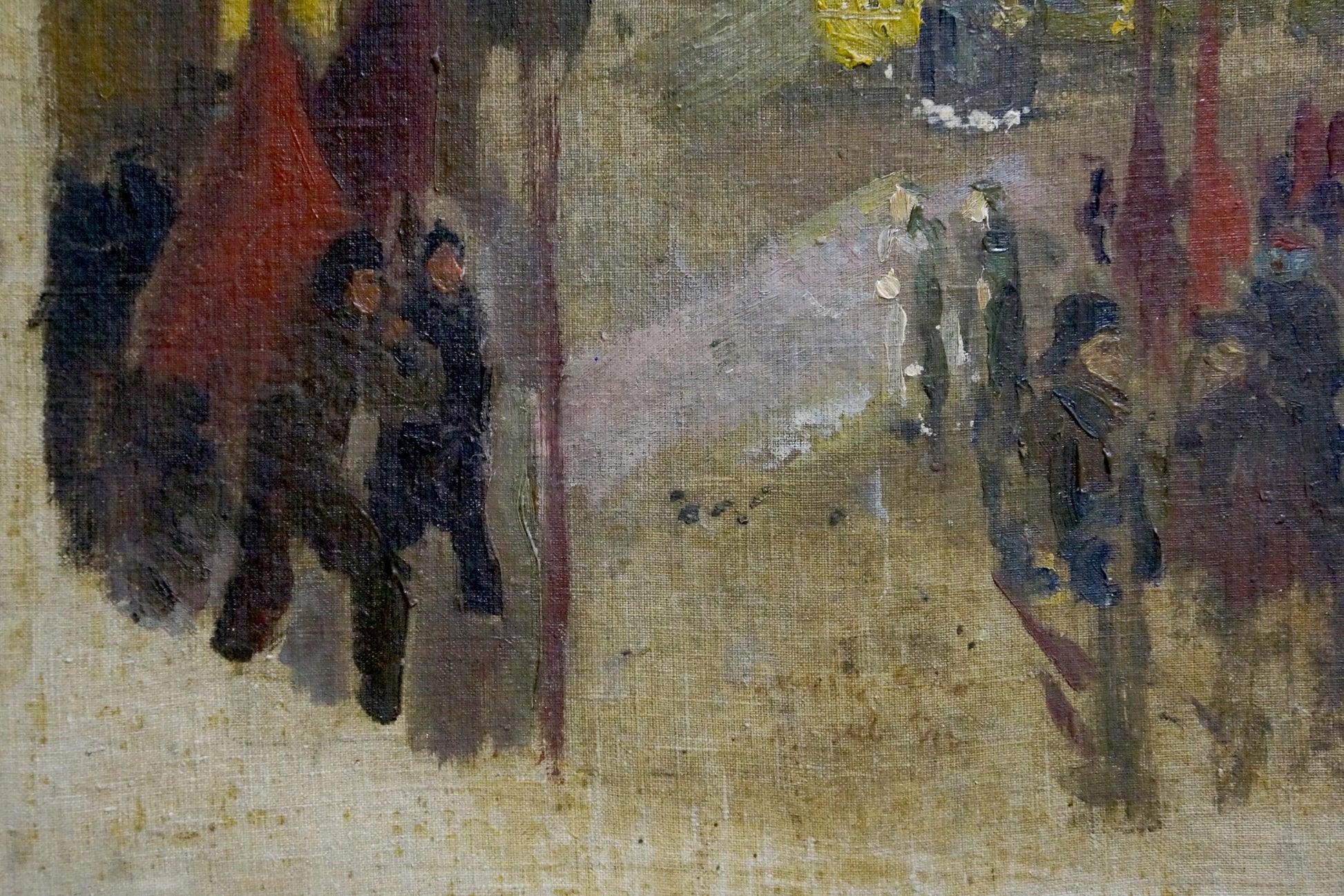 Oil painting On the Road: impressionistic figures in dark clothes under earth-toned sky