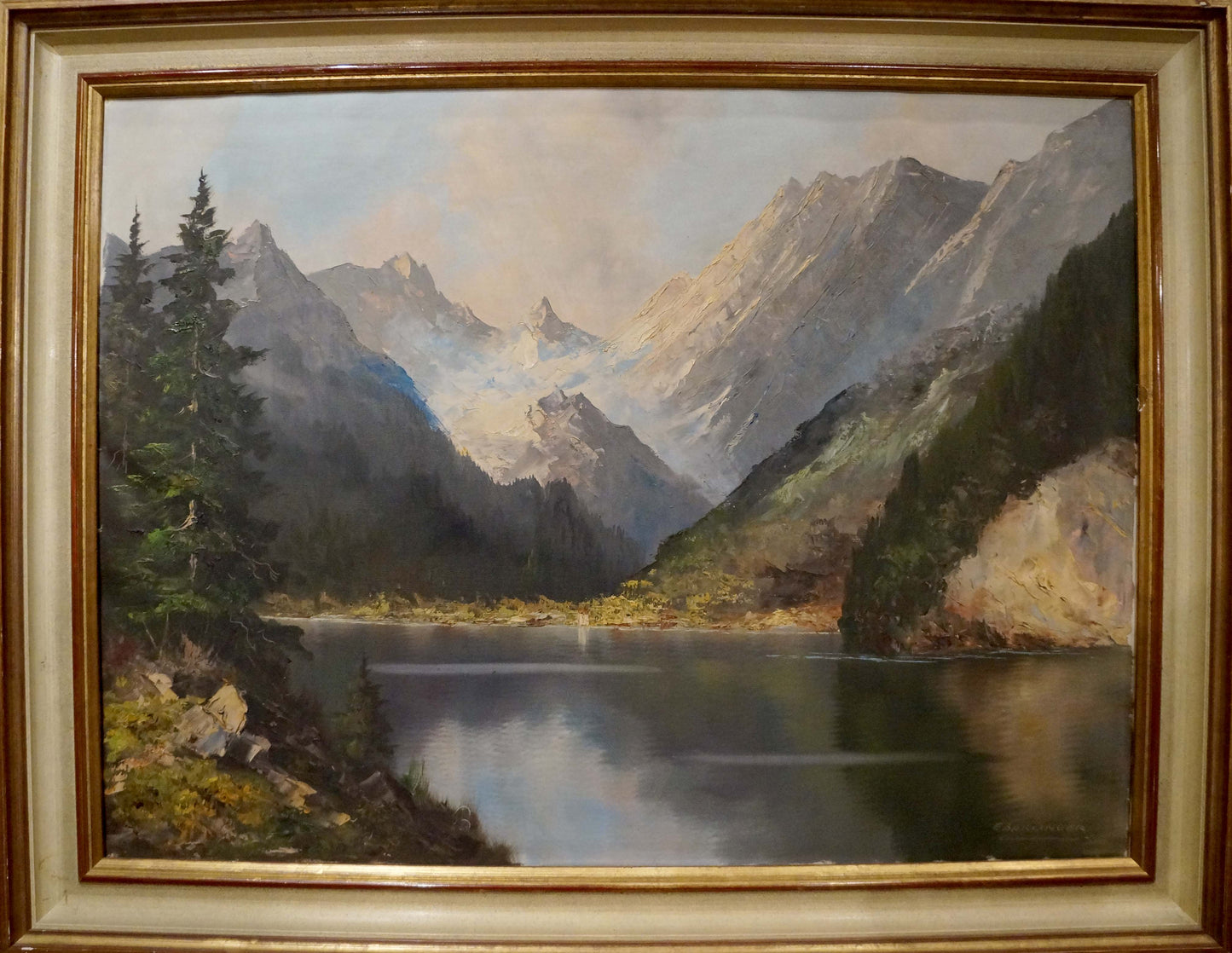 Oil painting Landscape Eber Lincer: serene mountain lake with peaks and trees