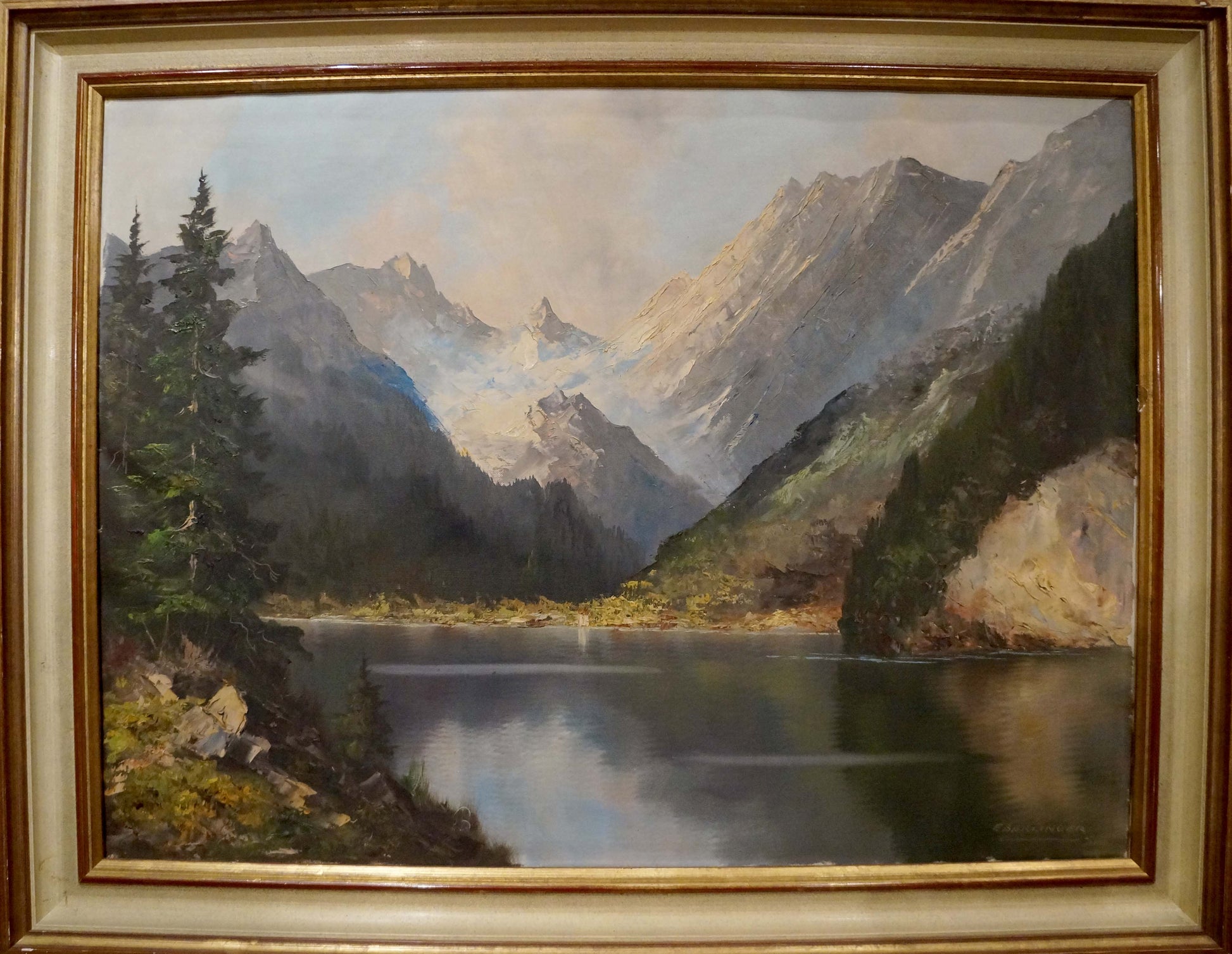 Oil painting Landscape Eber Lincer: serene mountain lake with peaks and trees