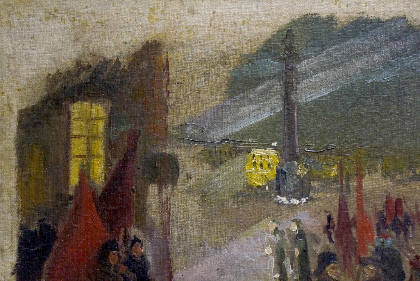 Oil painting On the road: tall dark column in dimly lit street scene