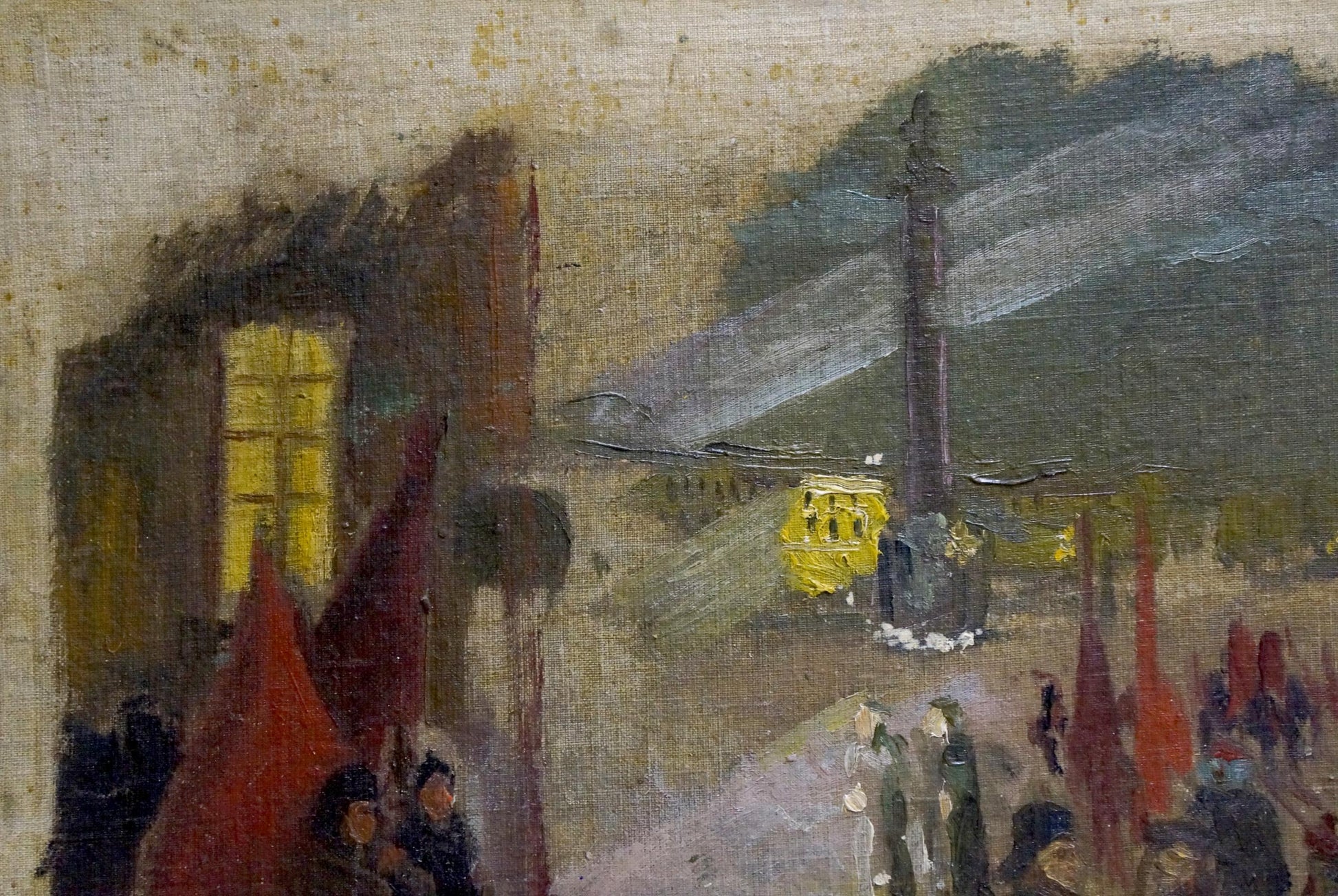Oil painting On the road: tall dark column in dimly lit street scene
