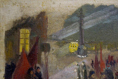 Oil painting On the road: tall dark column in dimly lit street scene