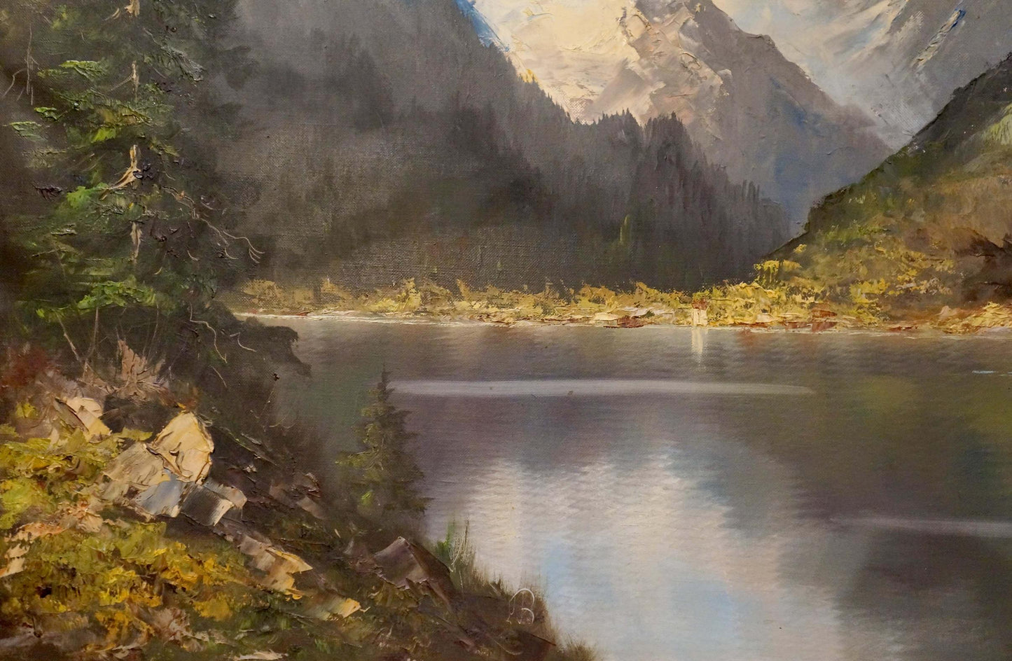Serene oil painting by Eber Lincer: tranquil lake amid snow-capped mountains