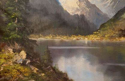 Serene oil painting by Eber Lincer: tranquil lake amid snow-capped mountains