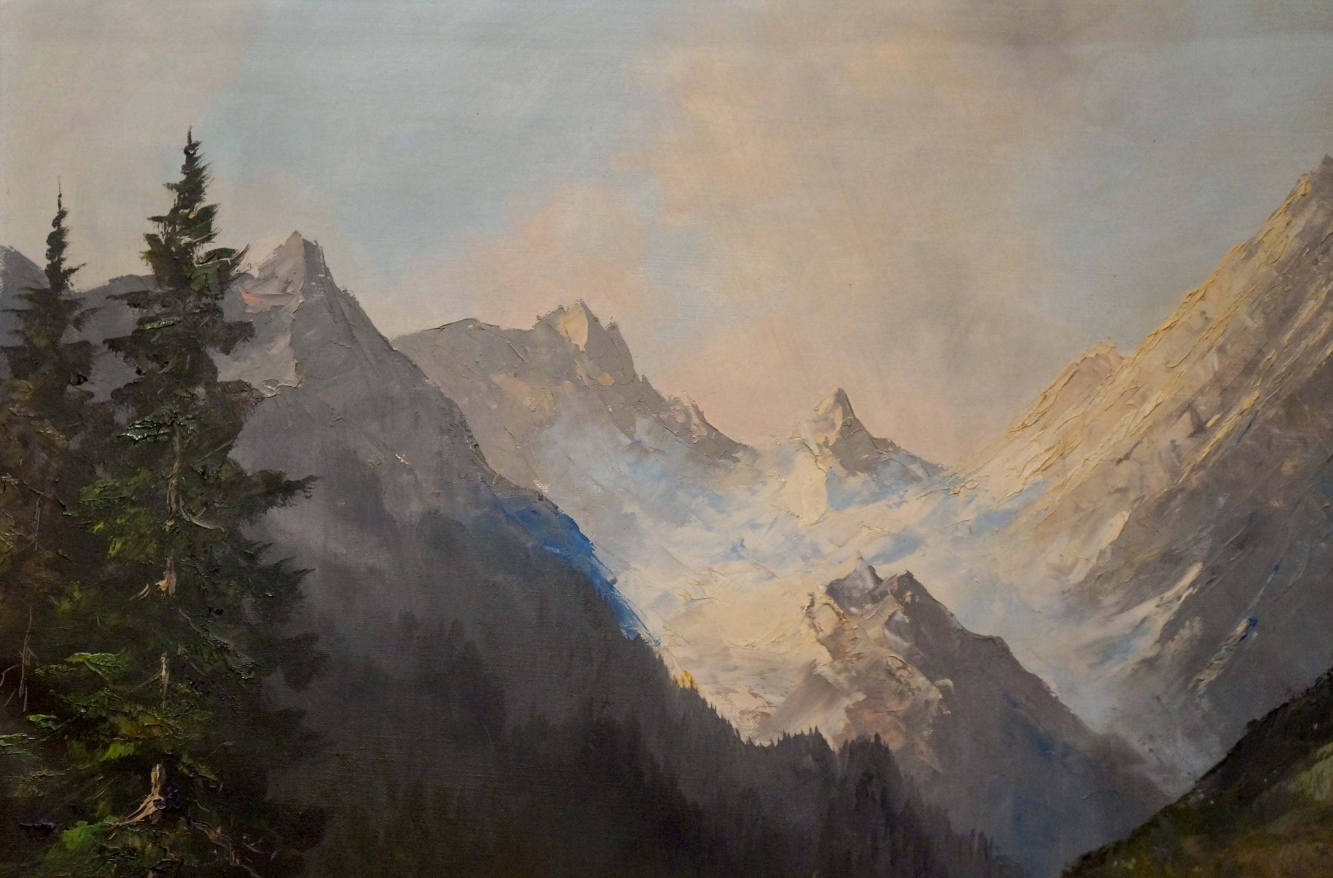 Oil painting Landscape Eber Lincer: majestic snow-capped mountains and evergreens