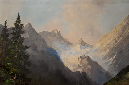 Oil painting Landscape Eber Lincer: majestic snow-capped mountains and evergreens