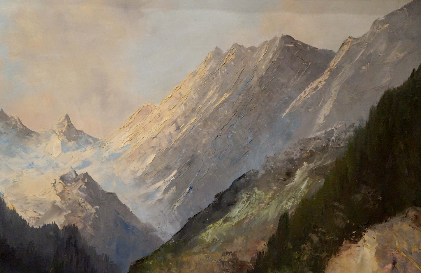 Oil painting landscape Eber Lincer: majestic snow-capped mountains and forests